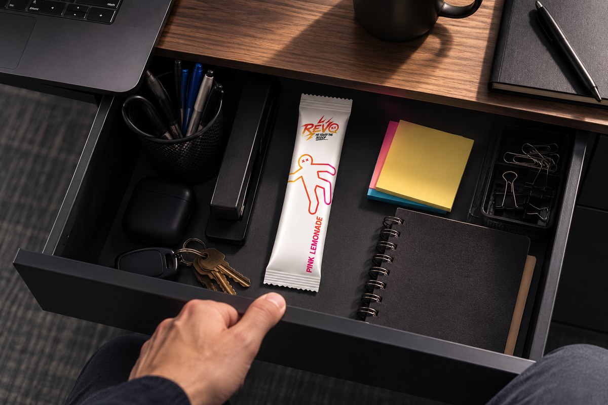 Revo stick pack in a desk drawer, next to keys and headphones