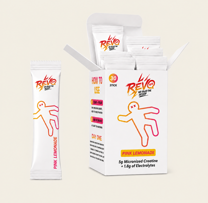 Revo Pink Lemonade creatine and electrolyte stick pack box, 30 count