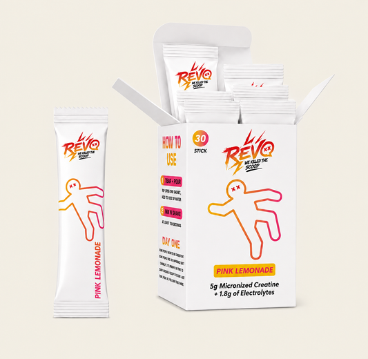 Revo Pink Lemonade creatine and electrolyte stick pack box, 30 count