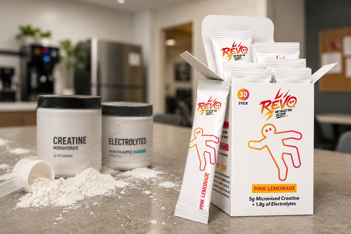 Revo stick pack and box next to creatine and electrolyte tubs on a kitchen counter